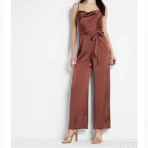 Express SATIN BELTED COWL NECK WIDE LEG JUMPSUIT NWT